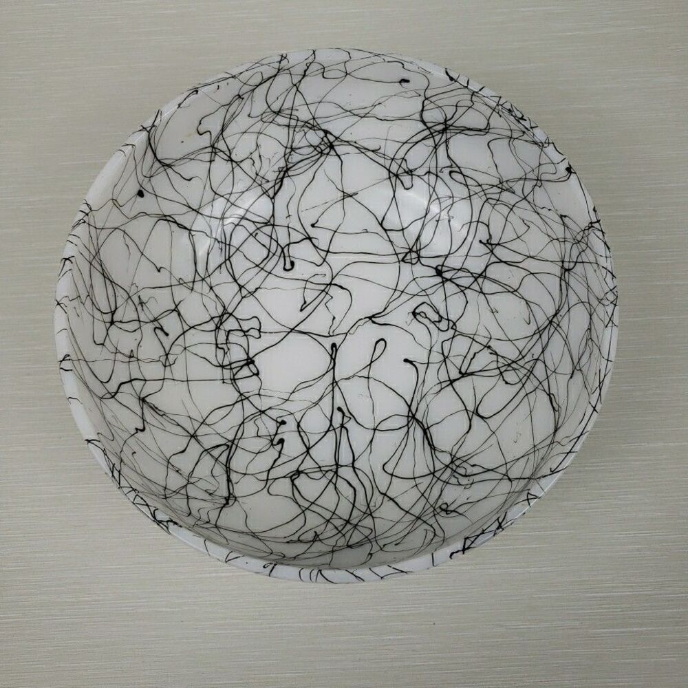 Black Spaghetti String Drizzle Serving Bowl White Glass Atomic MCM Vintage - Picture 9 of 16